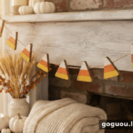 Learn how to make a DIY Candy Corn Garland from scrap wood, paint and twine. This easy fall decoration can be customized for fall or Halloween.