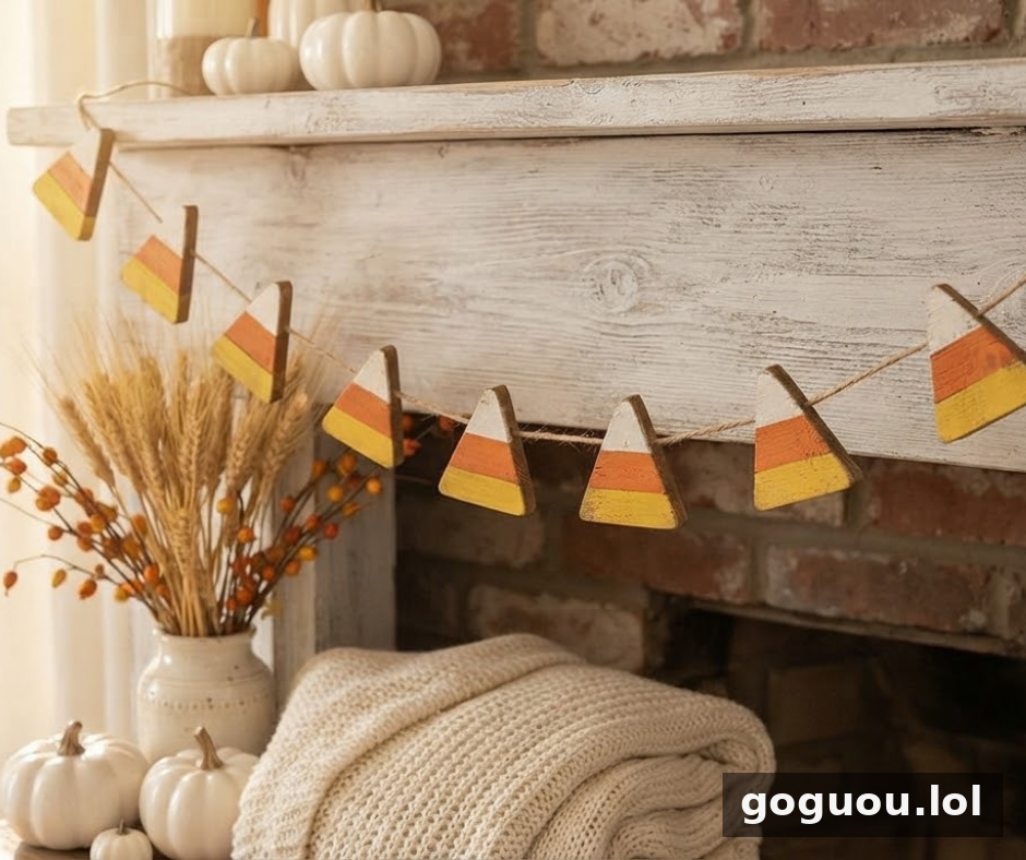 Learn how to make a DIY Candy Corn Garland from scrap wood, paint and twine. This easy fall decoration can be customized for fall or Halloween.