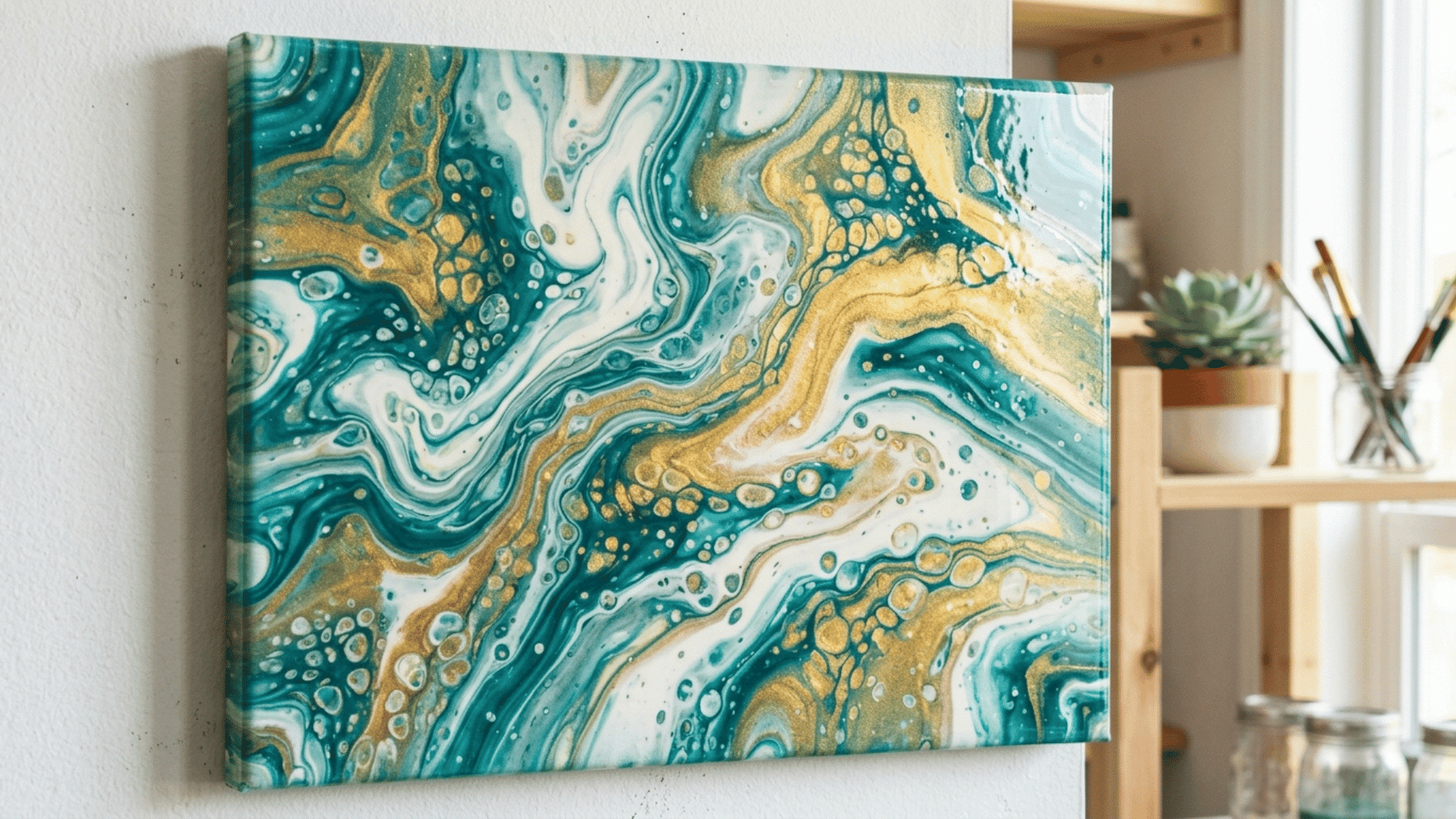 teal white and gold paint swirled into a marbled pattern