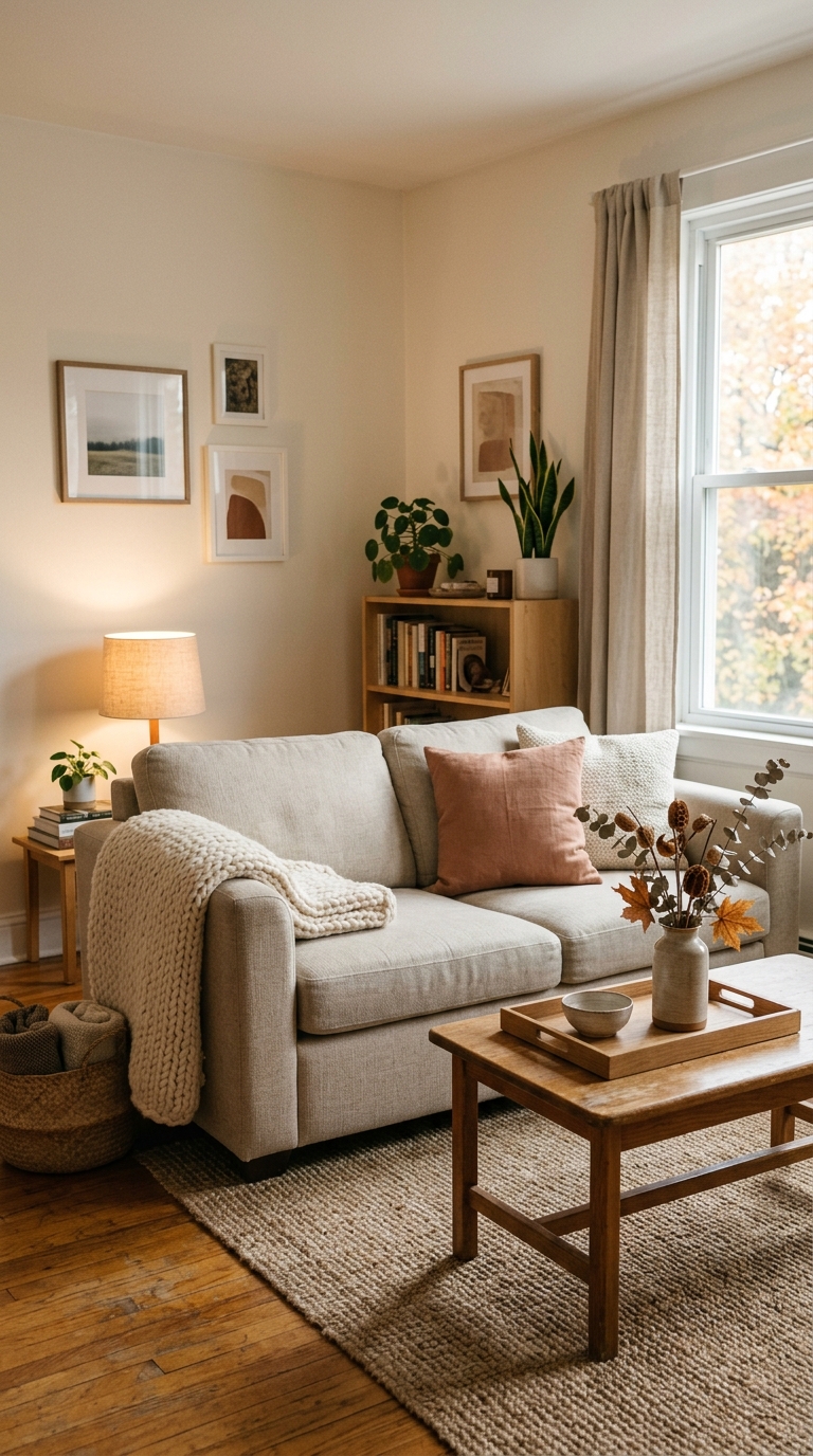 Small neutral living room styled for fall on a budget with dried stems in a glass vase and a textured throw blanket.