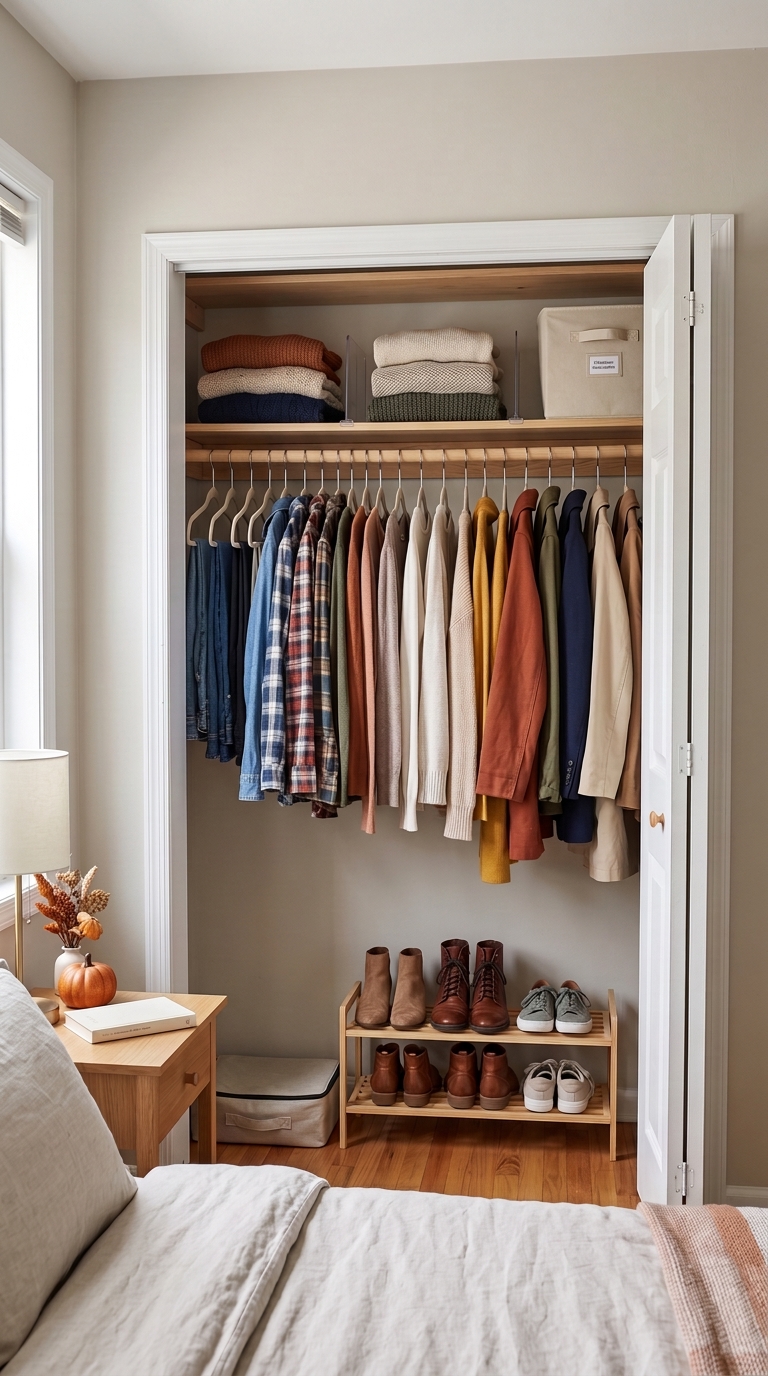 Organized small closet with fall clothes and simple storage solutions