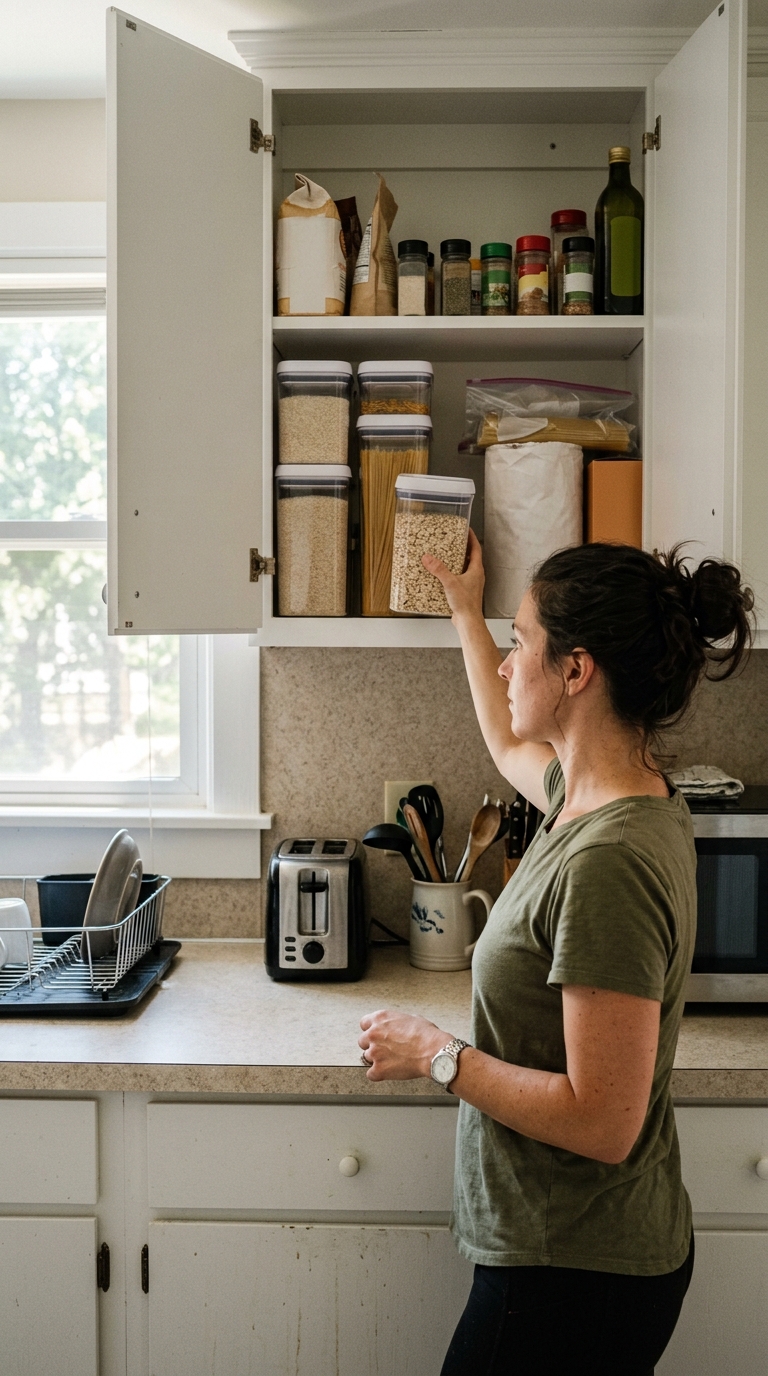 Woman reaching for a clear stackable container of oats inside an organized upper kitchen cabinet featuring small rental kitchen organization