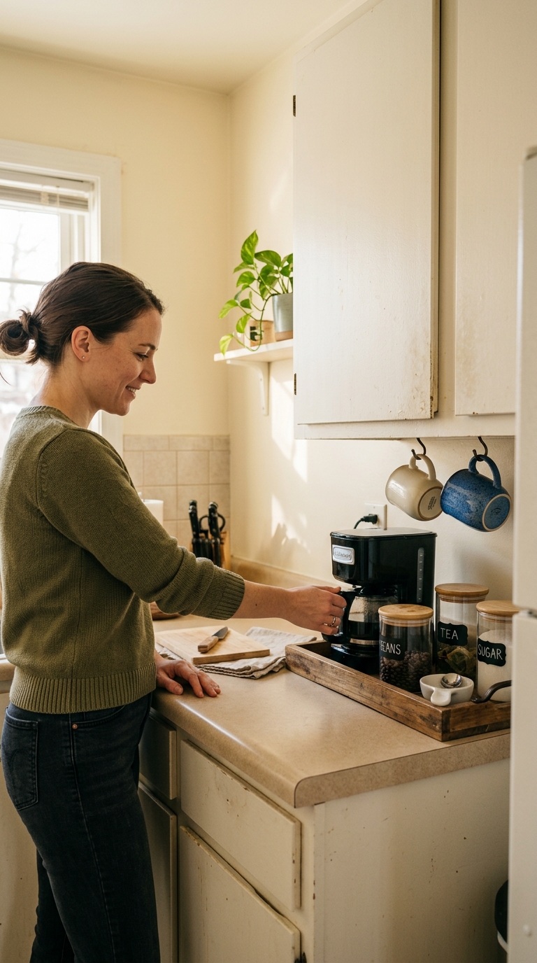 Coffee station on a wooden tray with coffee maker, labeled jars, and hanging mugs under a kitchen cabinet