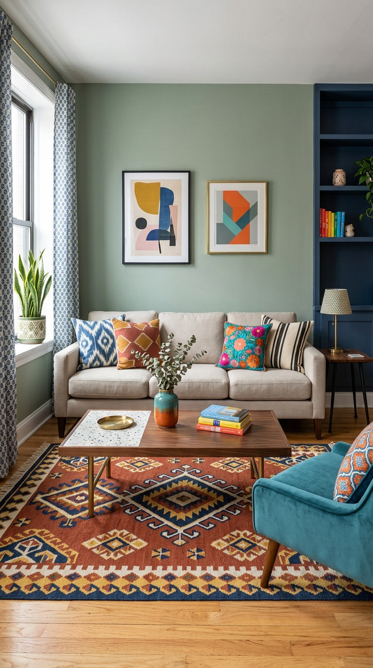 Clean living room featuring clashing patterned throw pillows, bold geometric rug, printed curtains, and abstract art creating visual noise illustrating why does my home feel cluttered