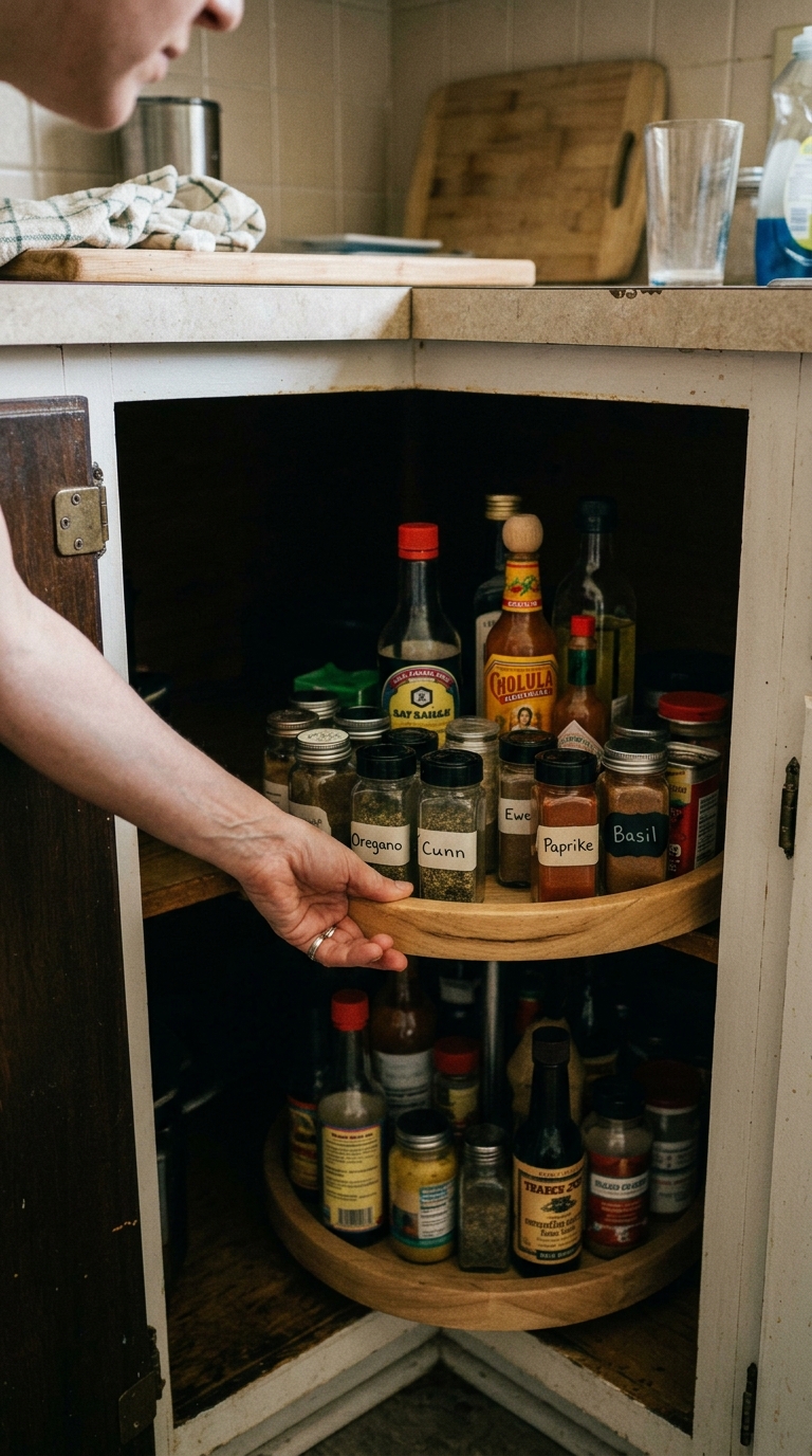 Hand spinning a two-tier wooden Lazy Susan turntable filled with spices and sauce bottles in a lower kitchen corner cabinet featuring small rental kitchen organization