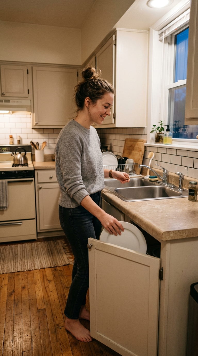 Woman putting a clean plate away into a lower cabinet during an evening kitchen reset routine