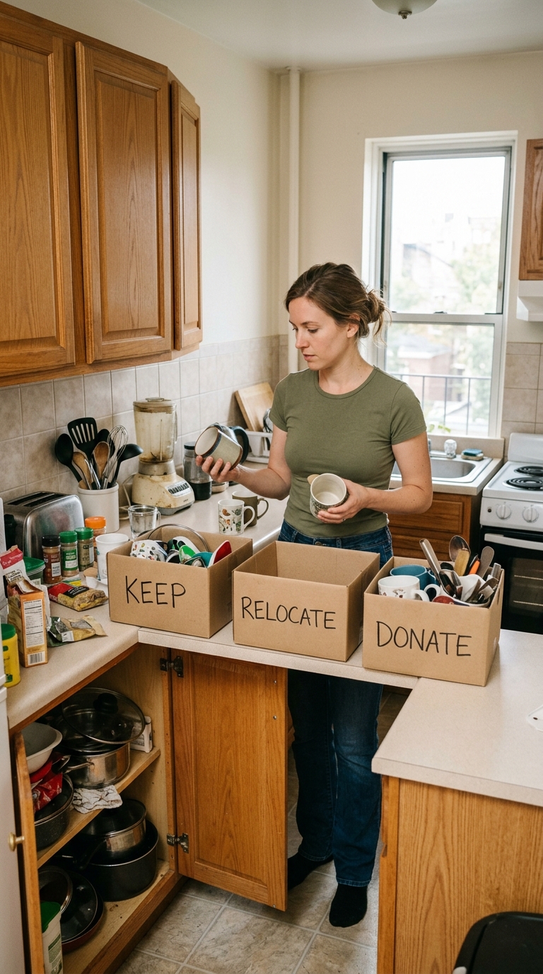 Woman sorting kitchen items into Keep, Relocate, and Donate cardboard boxes on a kitchen countertop