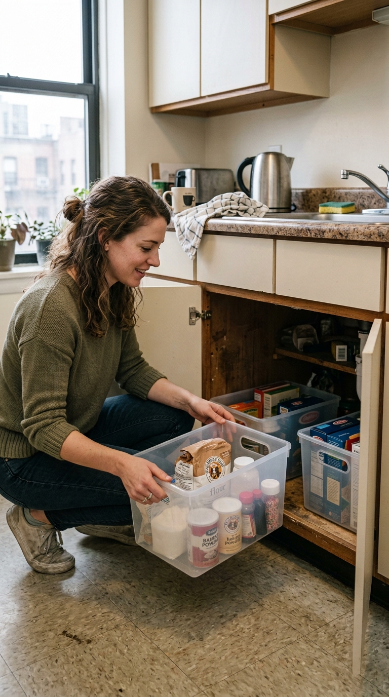 Woman pulling a clear plastic storage bin filled with baking supplies out of a deep lower kitchen cabinet