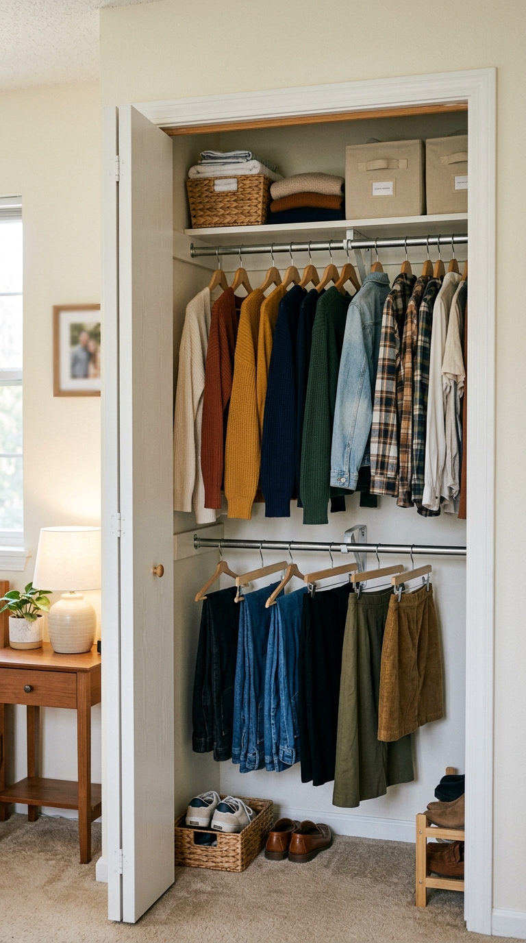 Small bedroom reach-in closet featuring two tiers of hanging rods with fall shirts on top and folded trousers below.