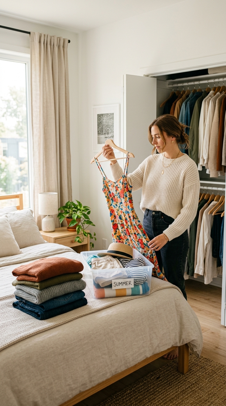 Woman in a cozy sweater holding a floral summer dress over a clear plastic storage bin labeled SUMMER in a bedroom.