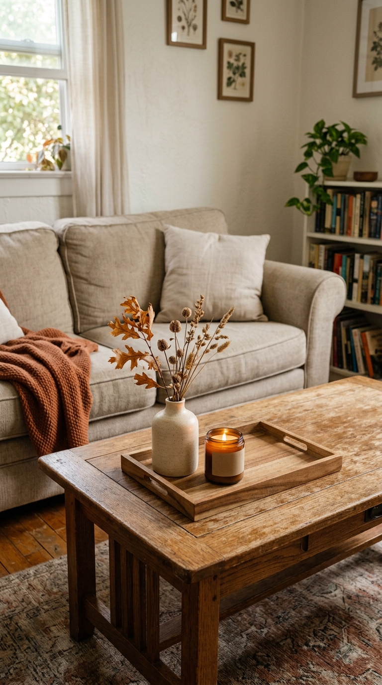 Wooden coffee table styled with a functional tray vignette holding dried stems and a candle while leaving open space