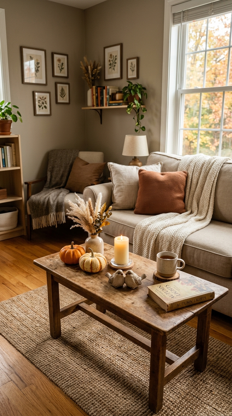 Small apartment living room coffee table overcrowded with too many decorative pumpkins, candles, and seasonal knickknacks