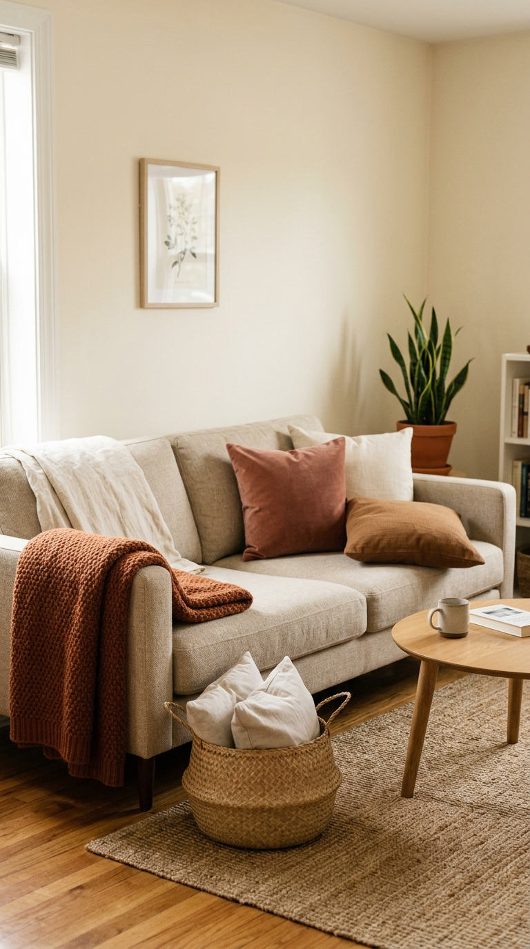 Neutral apartment sofa styled with rust autumn pillows and throw while summer textiles sit in a storage basket