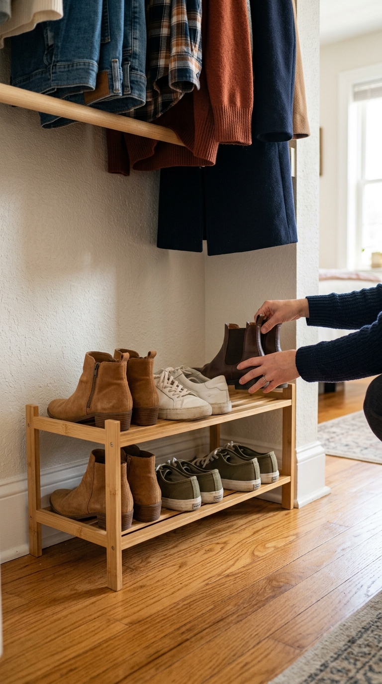 Hands placing a brown leather boot onto a two-tier wooden shoe rack inside a bedroom closet below hanging fall clothes.