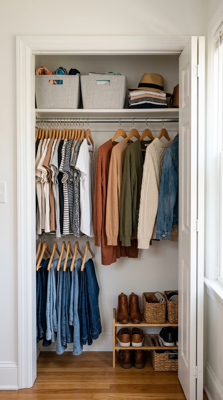 Small closet organized into everyday, fall transition, and off-season clothing zones