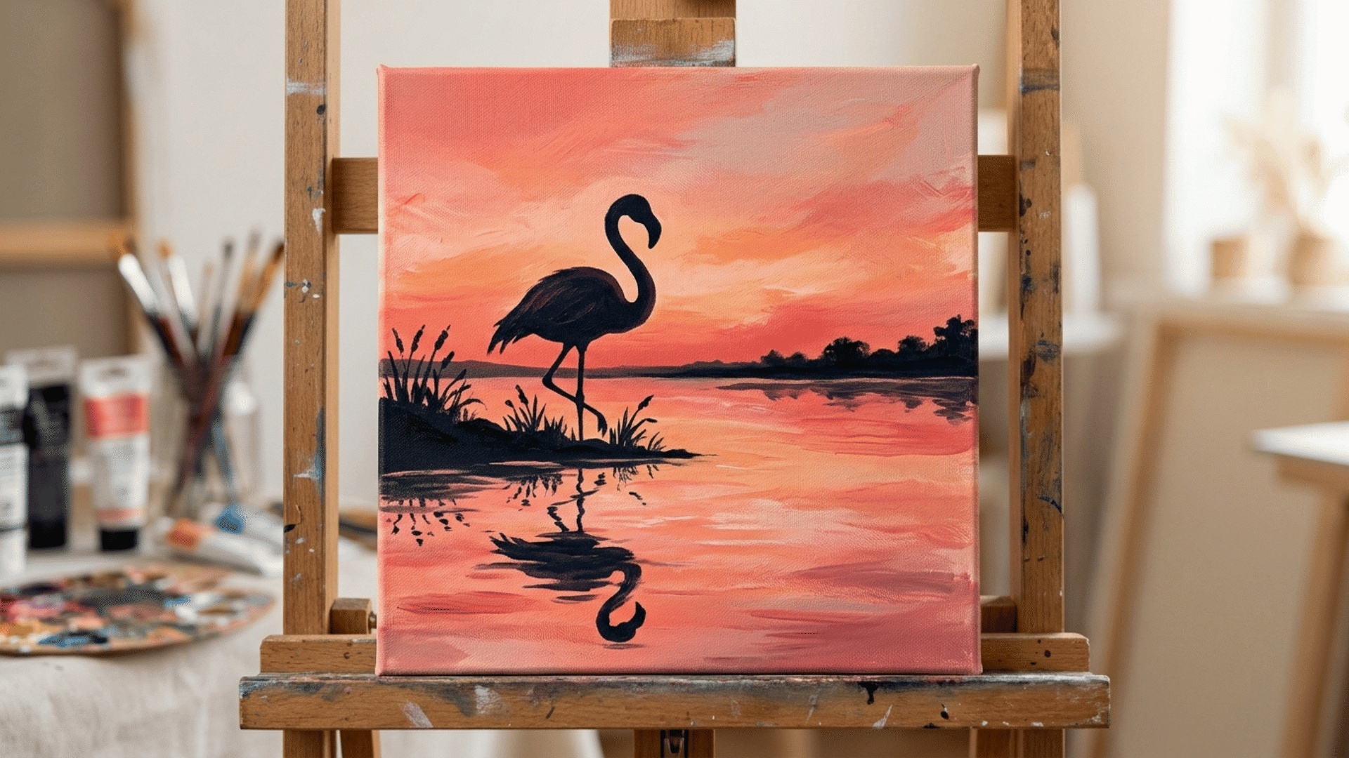 flamingo silhouette standing on a sunset beach