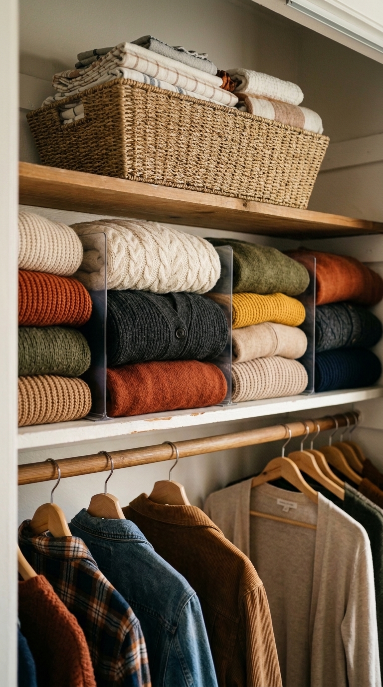 Reach-in closet shelf organized with chunky folded fall sweaters held upright by acrylic dividers below a woven storage basket.
