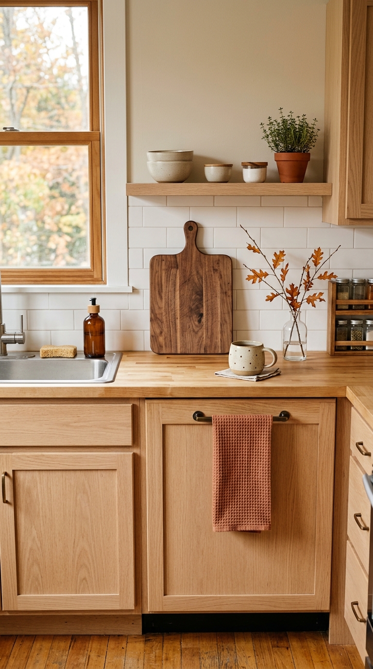 Small kitchen with natural wood cabinets, a wooden cutting board against the backsplash, and a warm-toned towel
