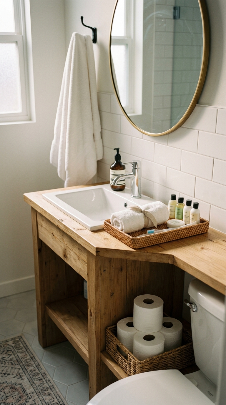 Small apartment bathroom vanity prepared for an overnight guest with clean hanging towels, counter space, toiletries, and visible extra toilet paper on a lower shelf