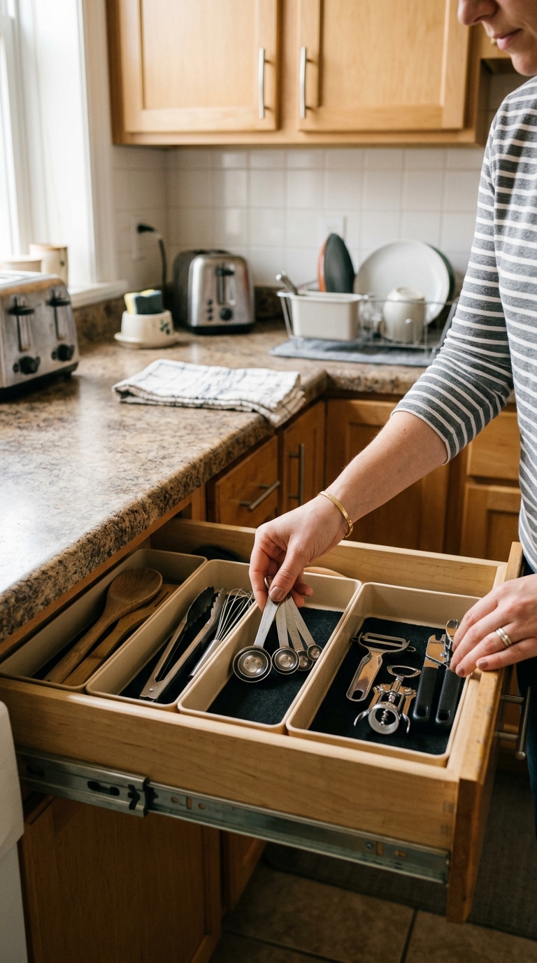 Woman taking measuring spoons out of a neat kitchen drawer organized with modular single-layer utensil dividers