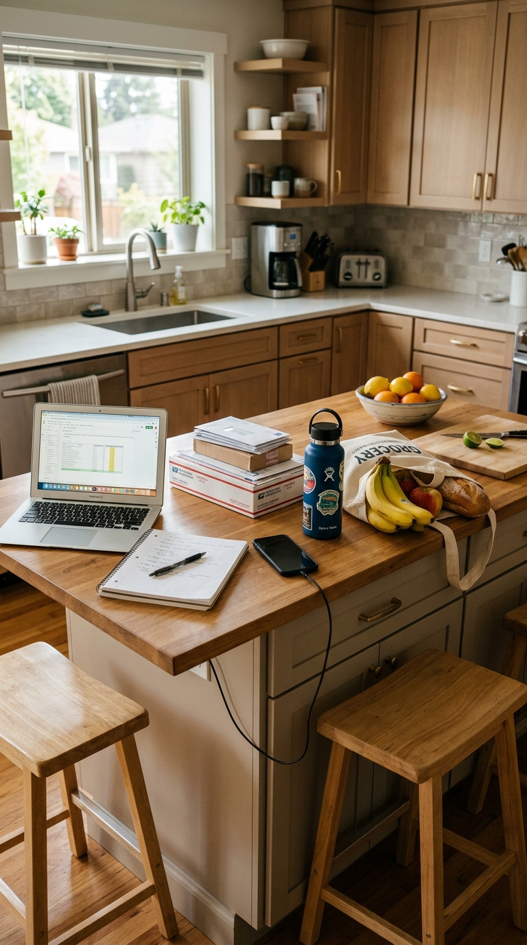 Wooden kitchen island crowded with a laptop, mail stack, charging phone, grocery bag, and notebook illustrating surface clutter