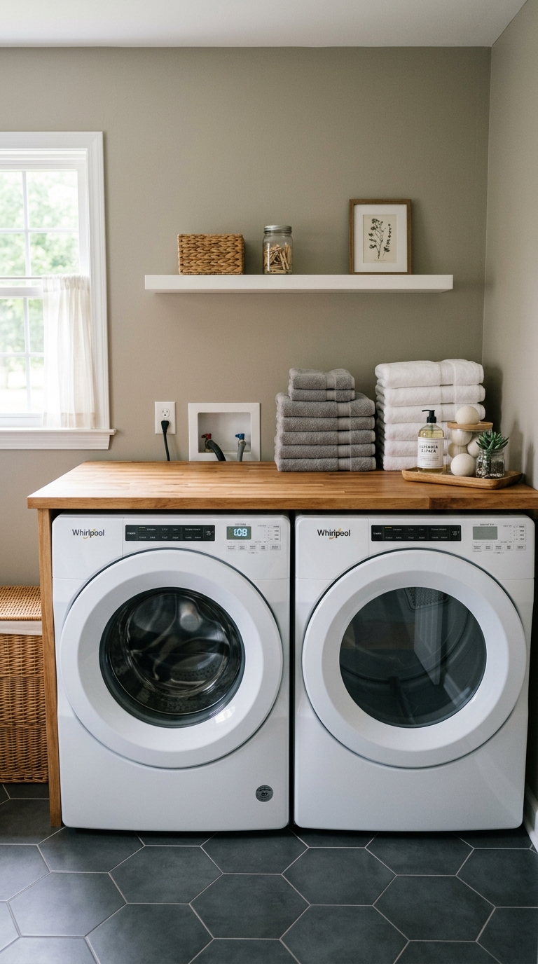 Wooden butcher block countertop installed over side-by-side front-loading washer and dryer creating a functional folding station.