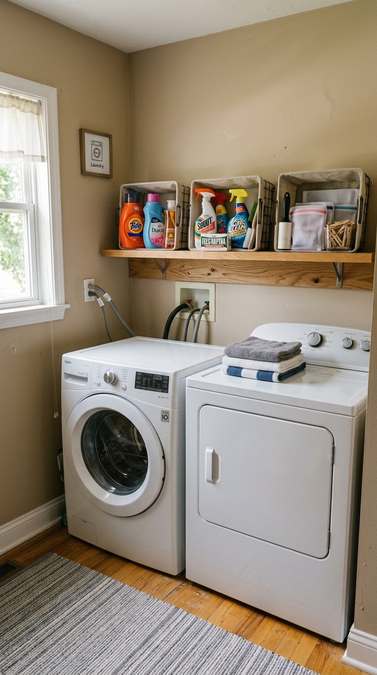 Side-by-side washer and dryer with organized wall shelves categorizing daily laundry detergent, stain sprays, and cleaning tools.
