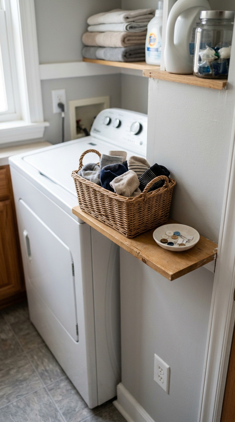 Small woven basket for unmatched lost socks sitting on a wooden shelf next to a washing machine.