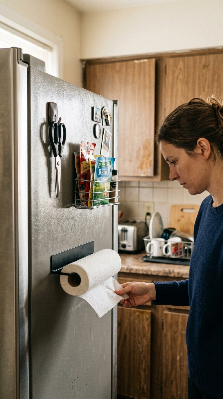 Woman tearing a paper towel from a magnetic paper towel holder mounted on the side of a refrigerator next to magnetic kitchen shears and spice packets featuring small rental kitchen organization