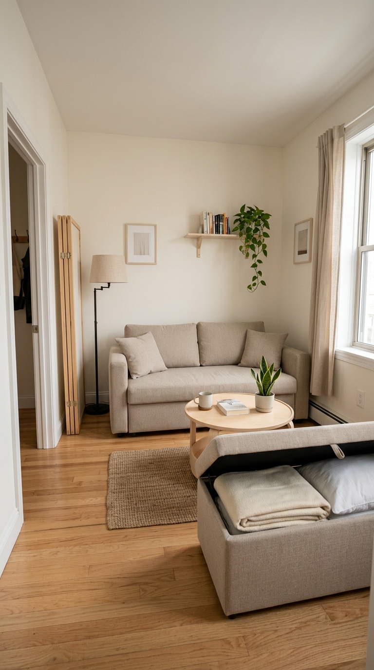 Small apartment living room featuring an open storage ottoman revealing spare blankets alongside a standard everyday sofa