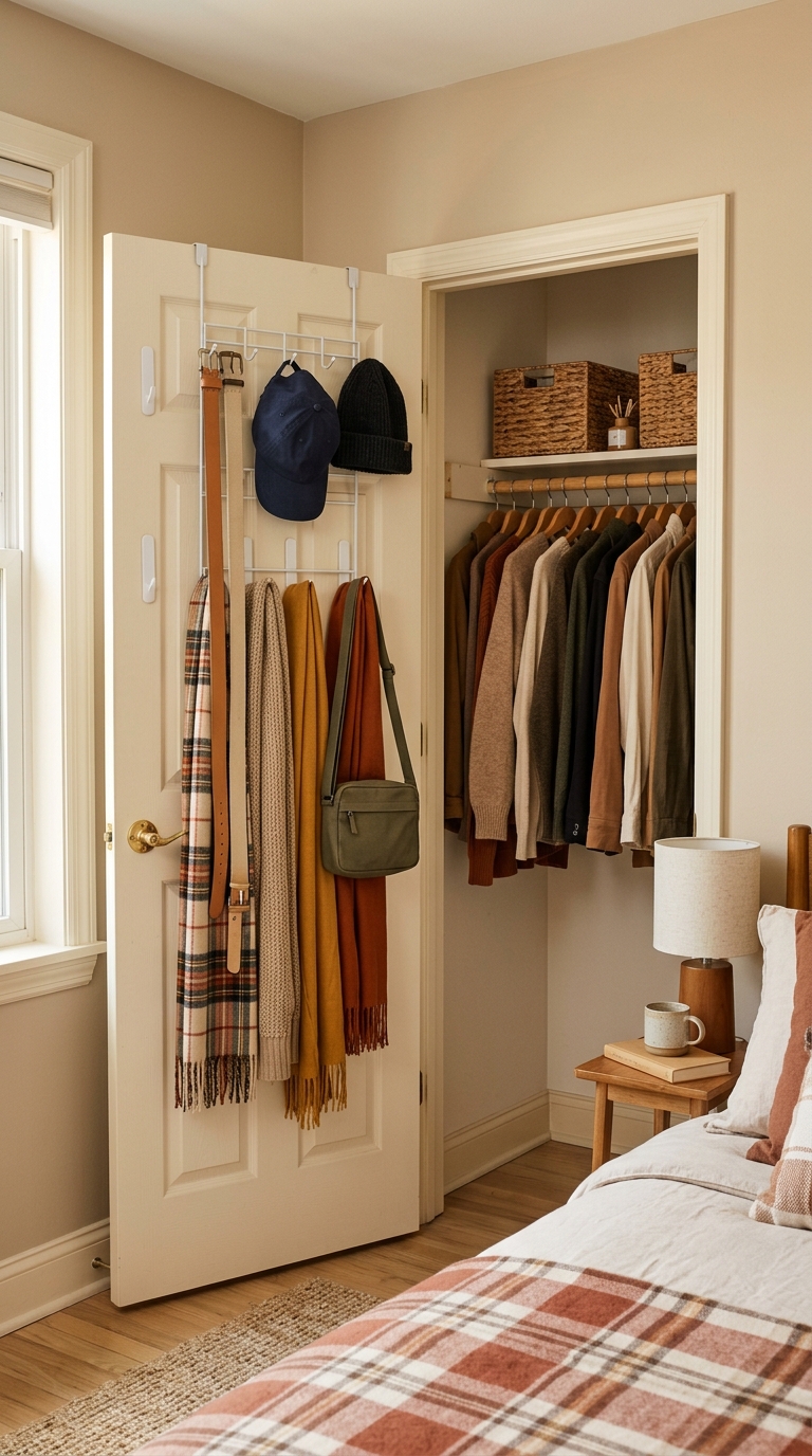 Open bedroom closet door with a slim white over-the-door rack holding autumn scarves, belts, hats, and a small crossbody bag.