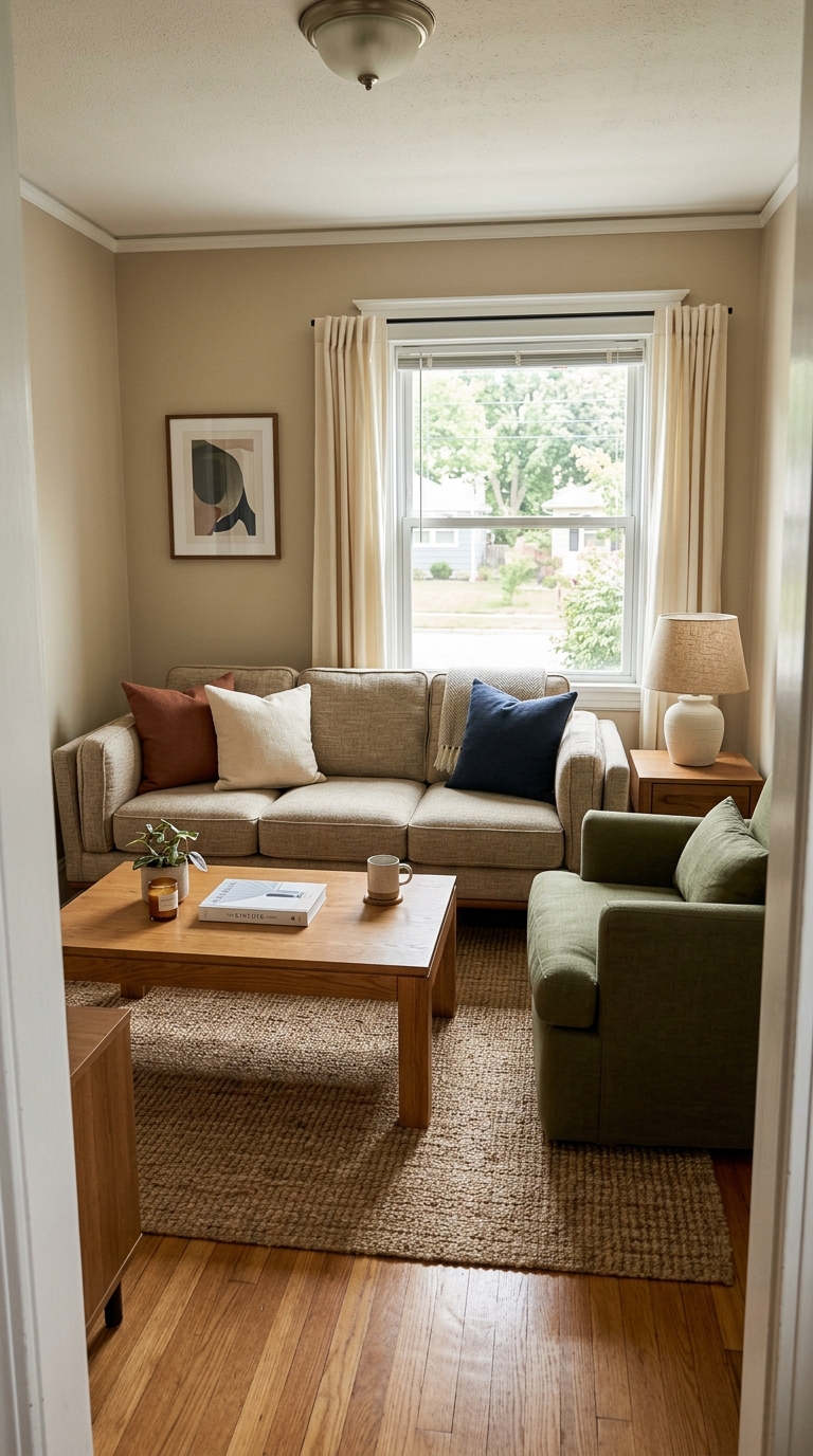 Narrow living room viewed from the doorway with an oversized armchair and coffee table crowding the walkway