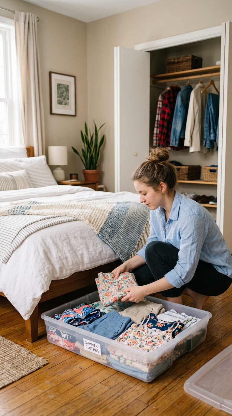 Woman kneeling in a bedroom placing a folded floral summer shirt into a clear plastic storage container labeled Summer Clothes.
