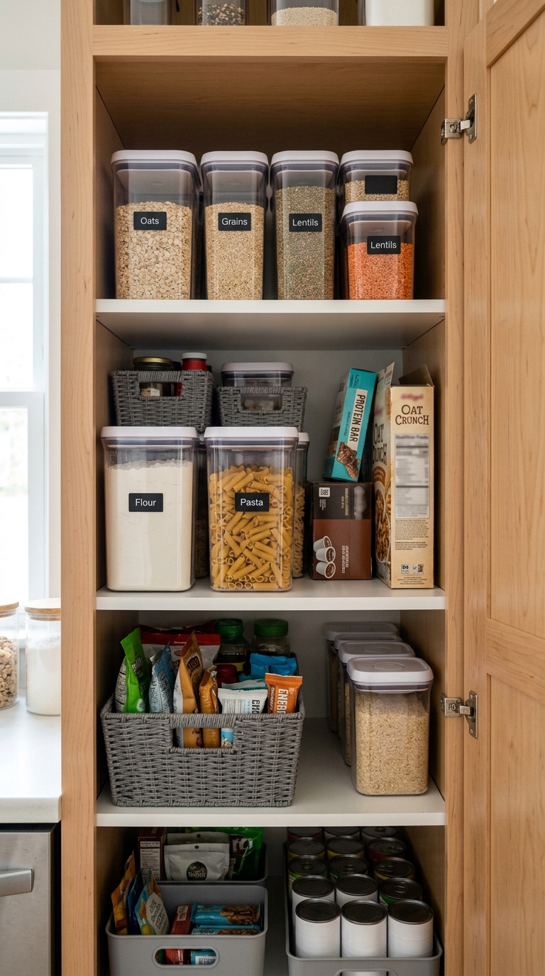 Tall pantry cabinet with labeled dry-good decanters and storage bins packed too tightly for easy everyday access