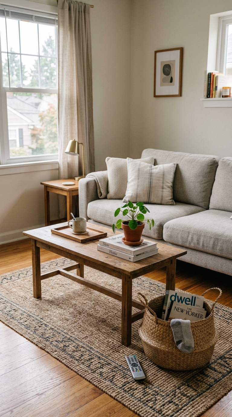 Living room coffee table cleared of visual clutter with a small tray and floor storage basket for a 15-minute reset