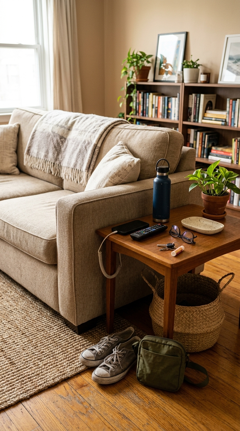 Living room sofa and wooden end table with shoes, water bottle, and accessories showing why does my home feel cluttered