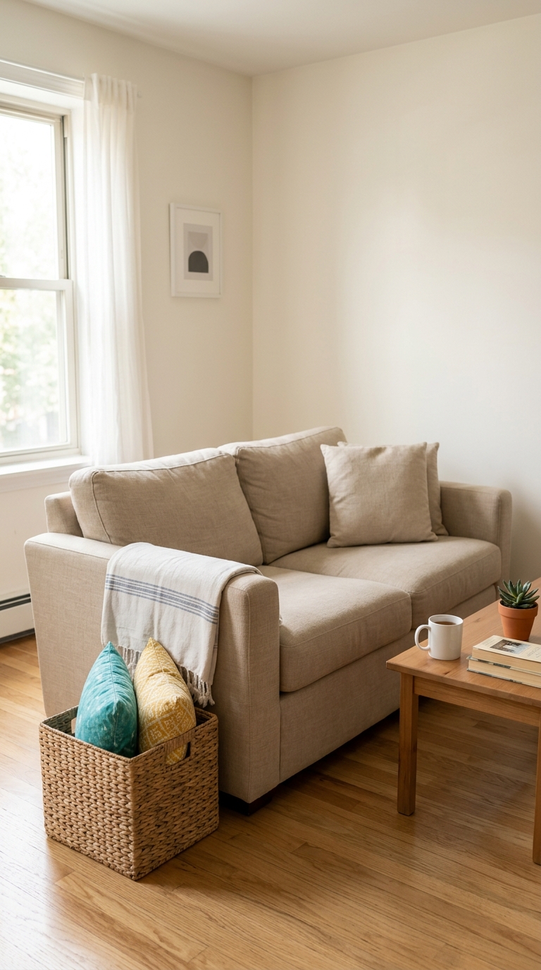 Removing summer decor before adding fall decor in a small home.