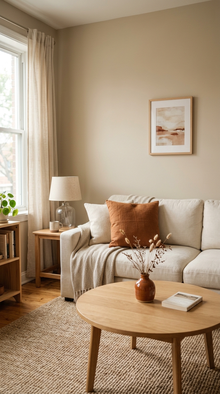 Small living room using one fall color family for seasonal decor