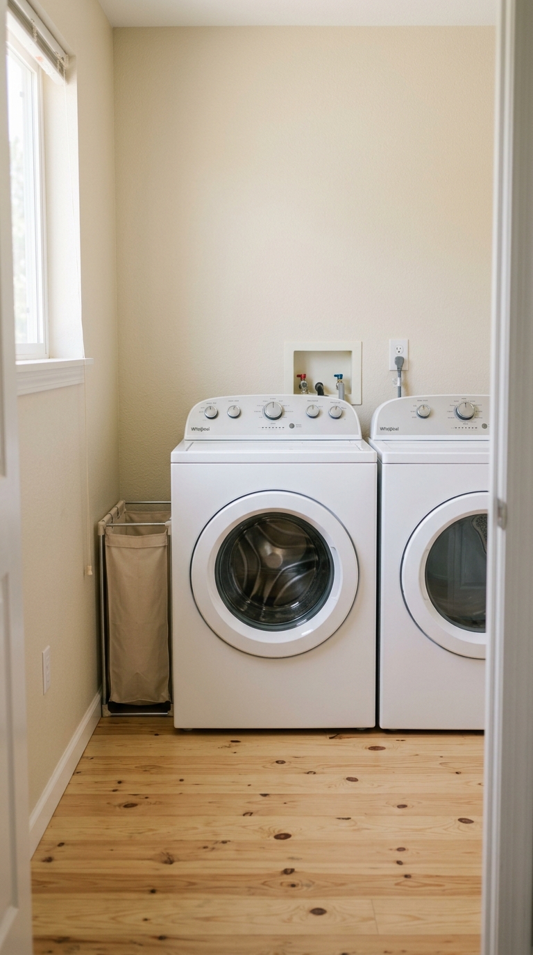 small laundry room organization ideas using a slim hamper beside the washer to keep the floor clear.