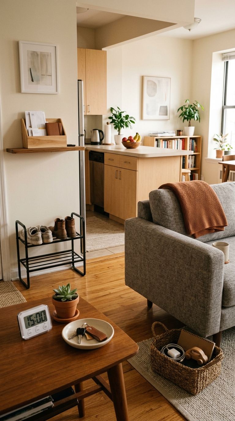 Small apartment living room and kitchen reset after a 15-minute routine, showing folded sofa throws, organized shoes, cleared counters, and sorted mail.