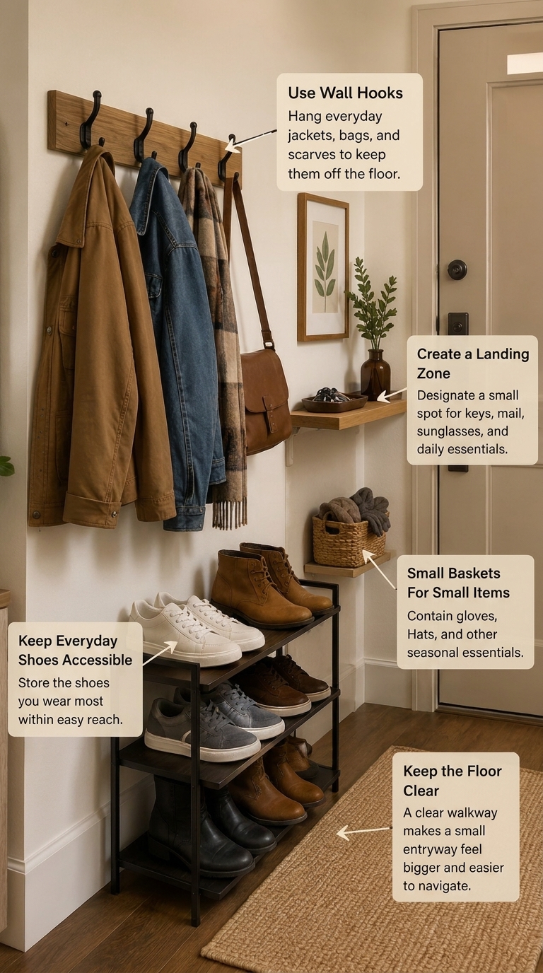 Narrow apartment entryway with wall hooks for fall jackets, a slim three-tier shoe rack, and floating shelves for keys.