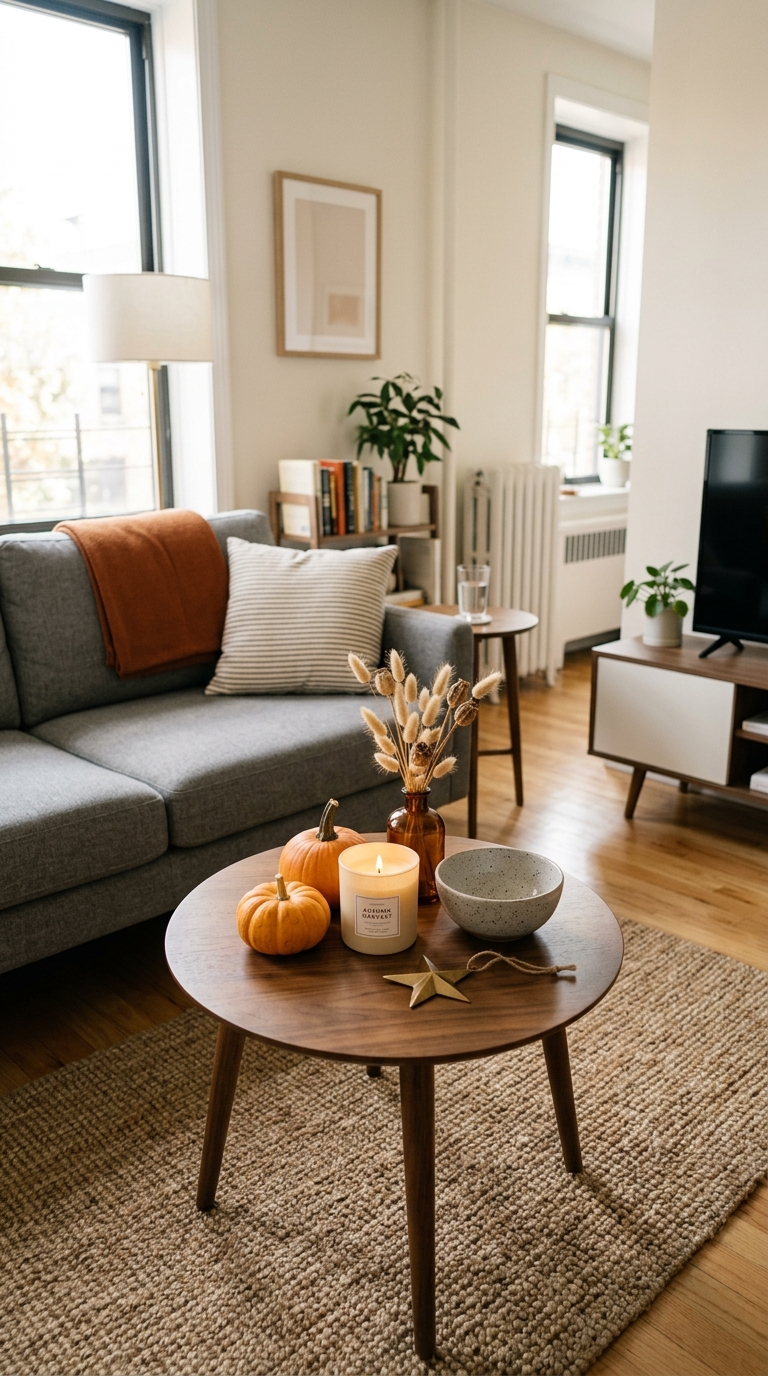 Overcrowded coffee table covered in multiple pumpkins and fall decor, illustrating common small space decorating mistakes.