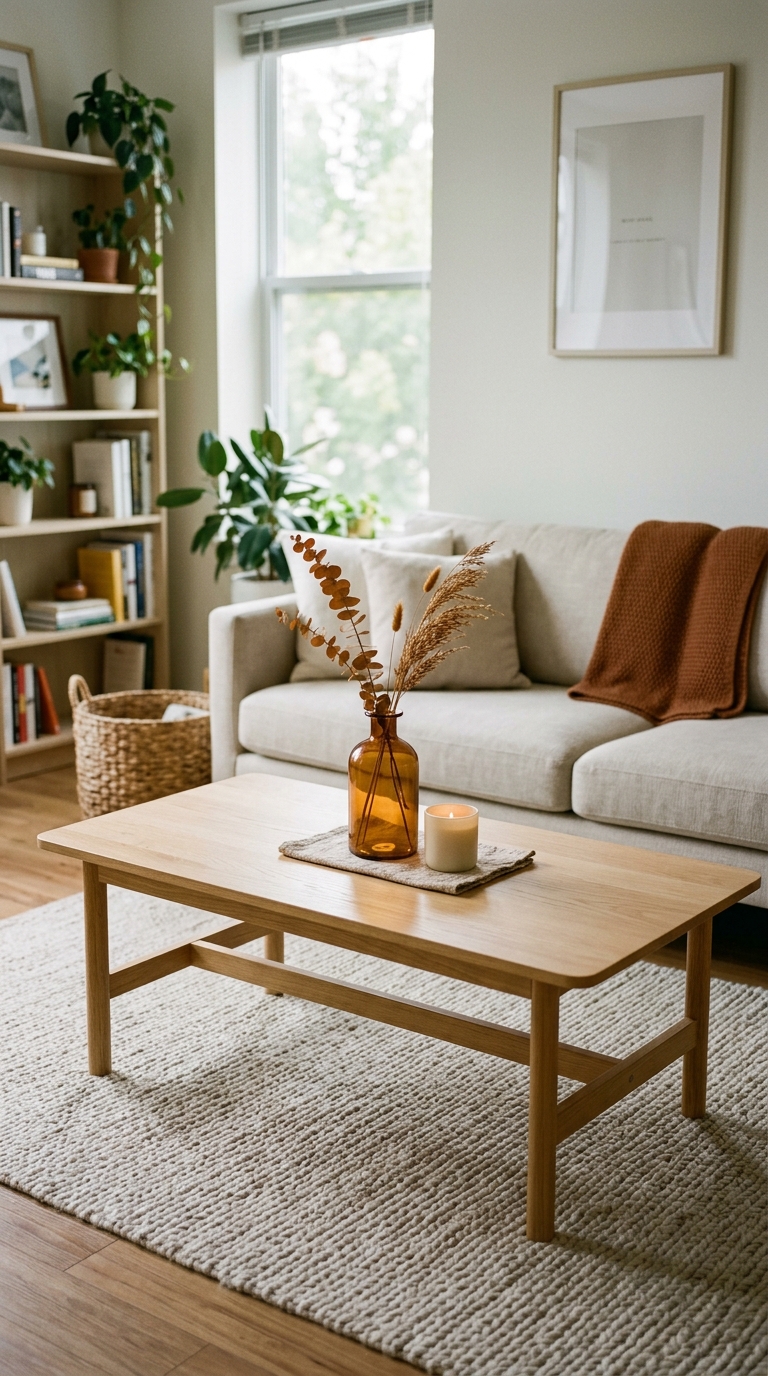 Organized small apartment living room featuring a decluttered oak coffee table with a single amber vase, dried stems, and a candle.
