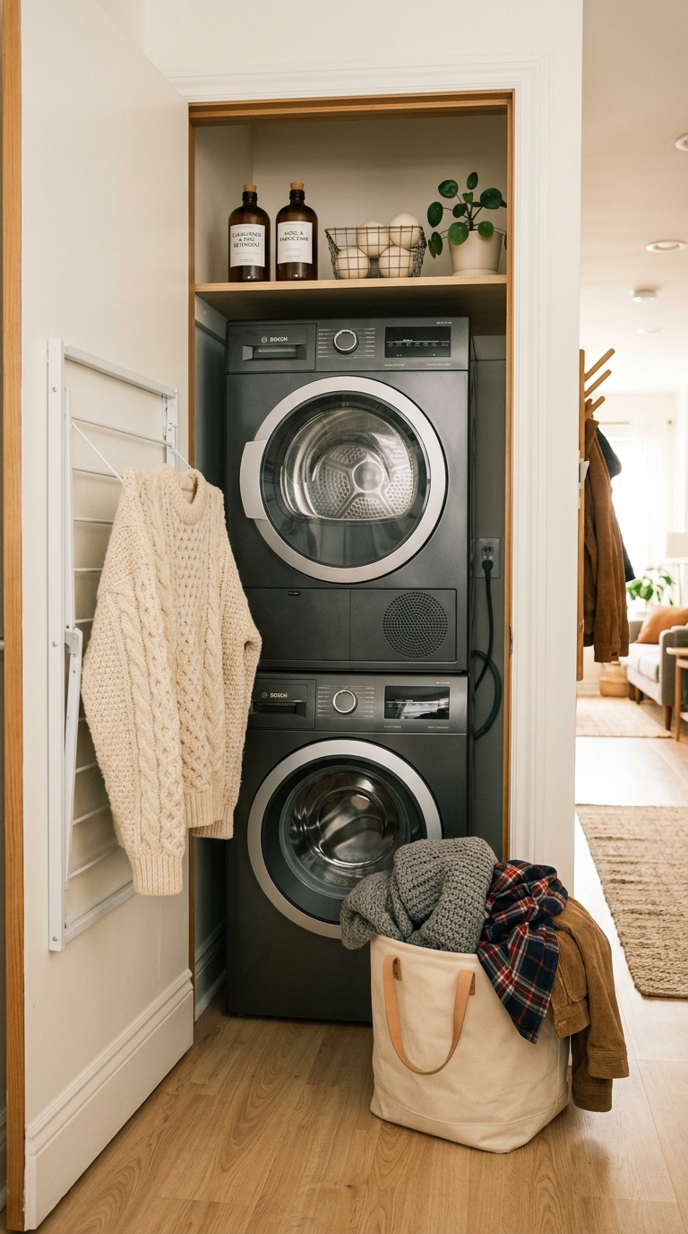 Small space fall home reset showing a dark stacked washer dryer unit in a tight alcove with a woven basket holding bulky fall knitwear and a shelf for supplies.