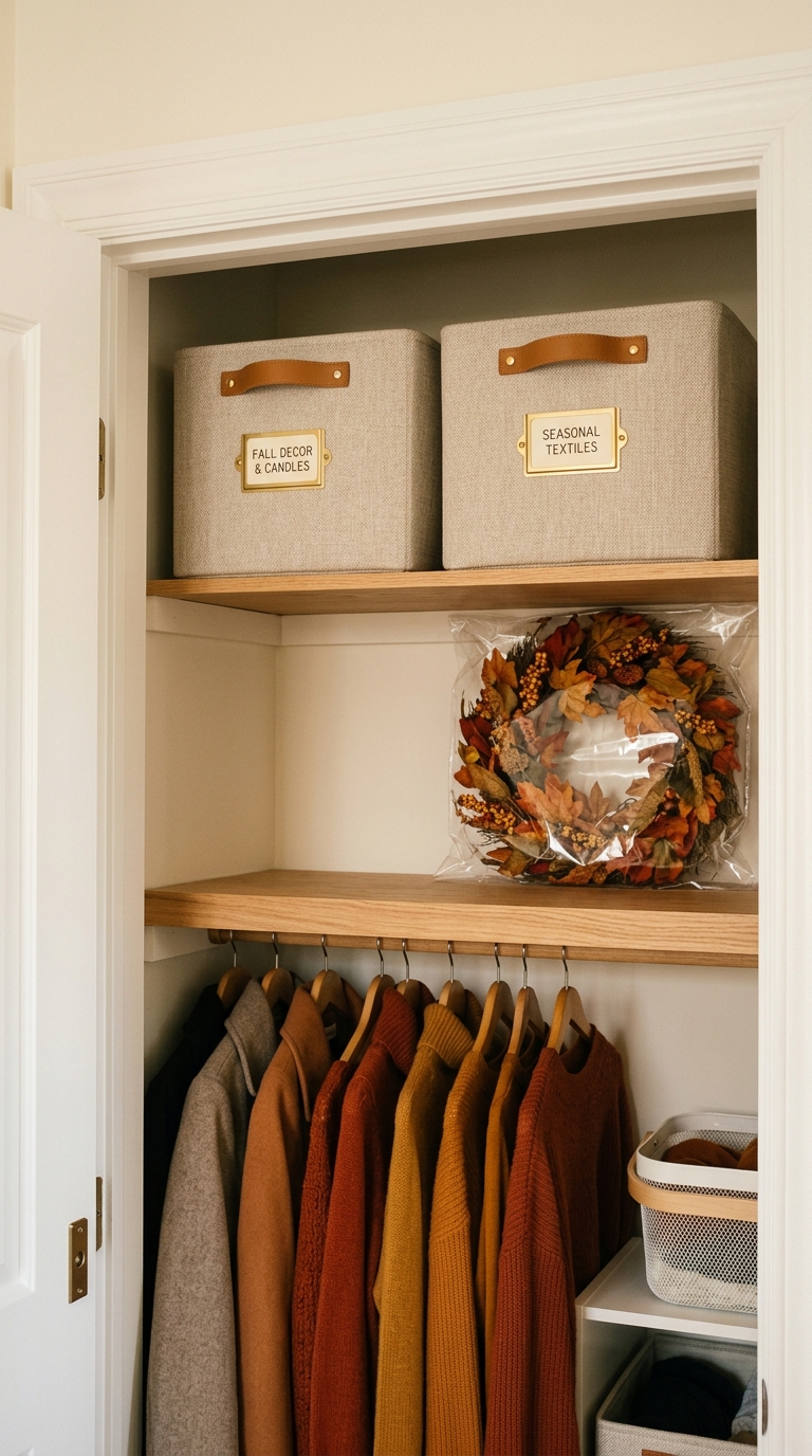 Upper closet shelf organized with labeled storage bins and an autumn wreath kept in one designated seasonal zone.