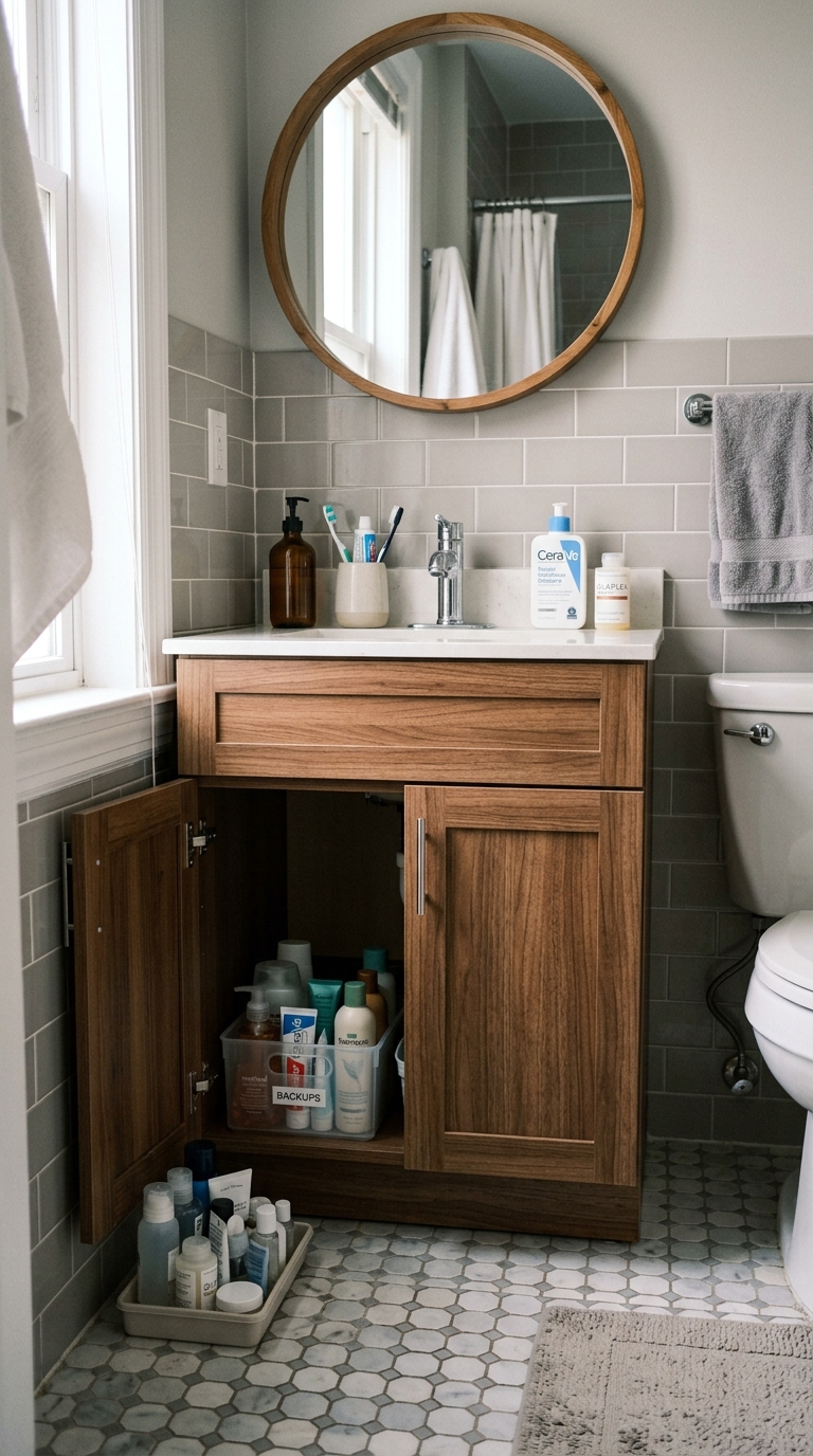 Organized wood vanity in a small bathroom with a clear countertop and tiered product storage inside the cabinet.