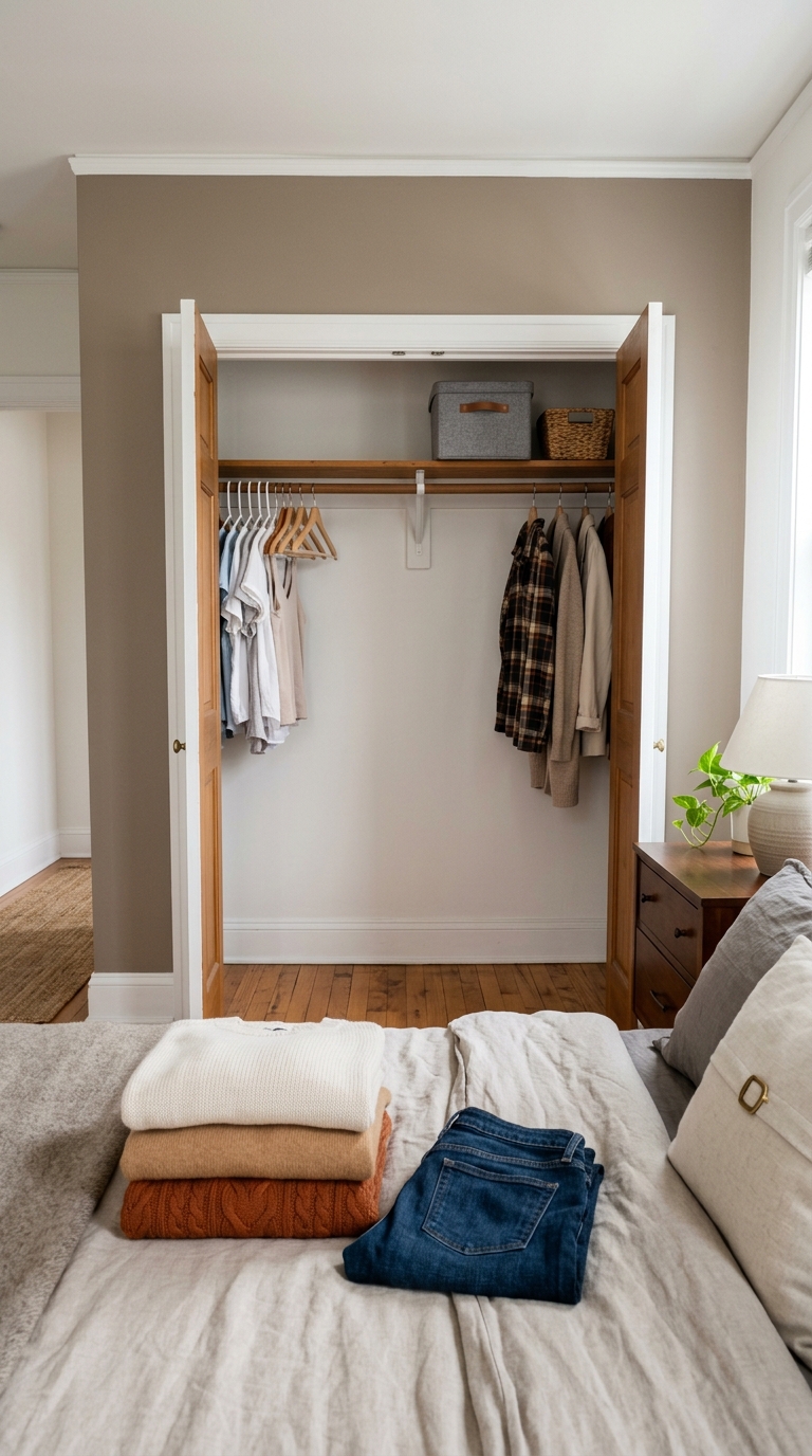 Folded fall sweaters on a bed facing an open apartment closet with clear hanging space on the rod.