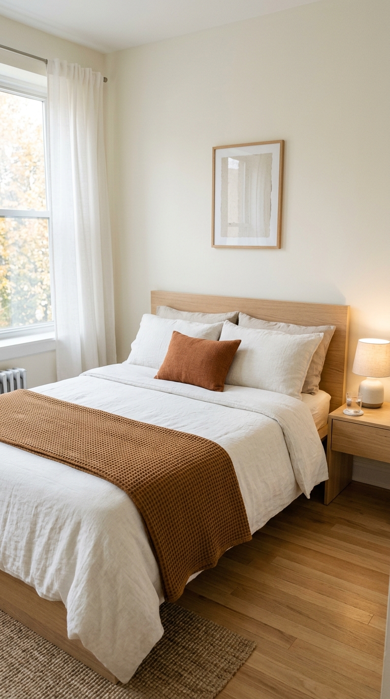 Minimal small bedroom styled for fall with a folded caramel throw blanket, warm accent pillow, and glowing bedside lamp.