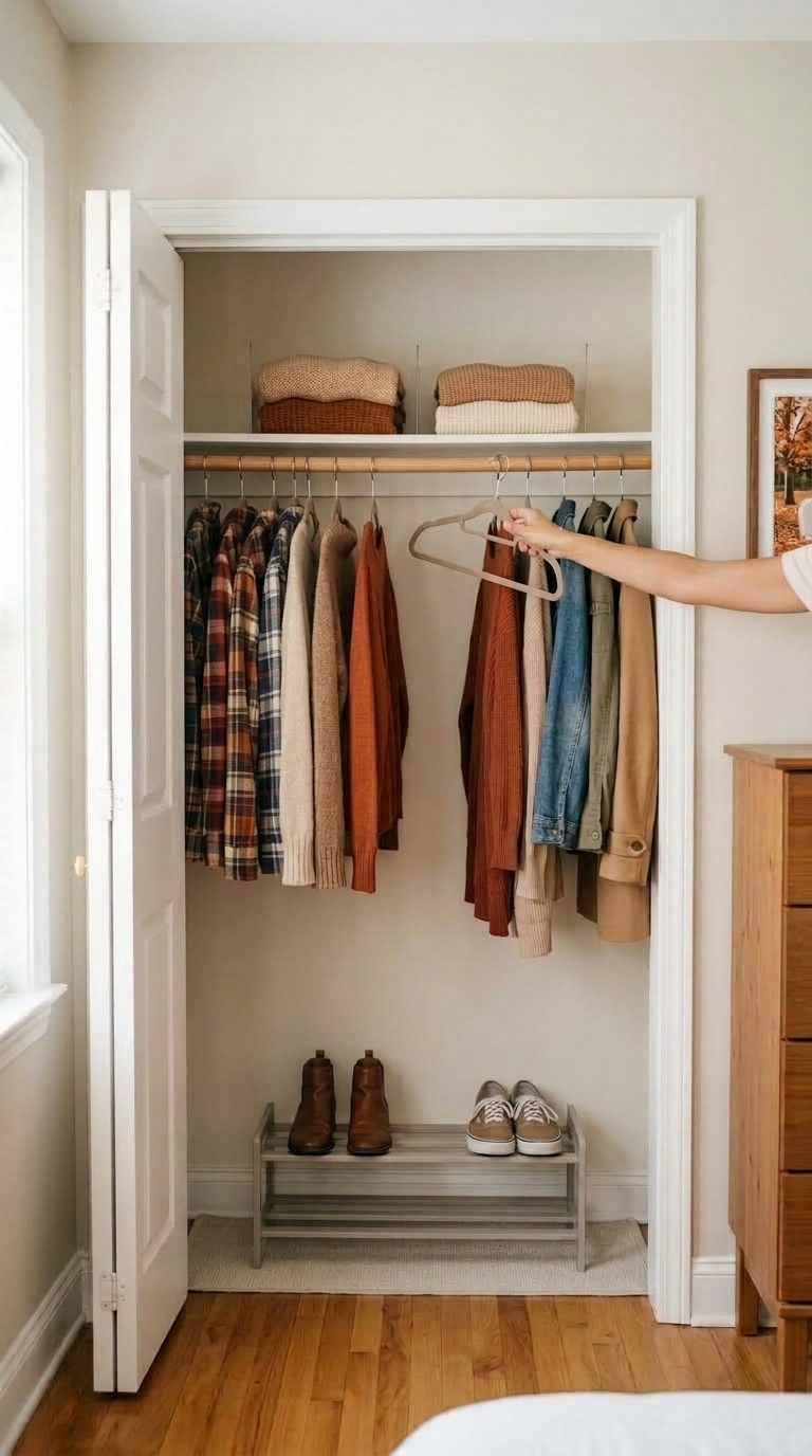 Organized small bedroom reach-in closet showing open space along the hanging rod as a hand glides a slim hanger.