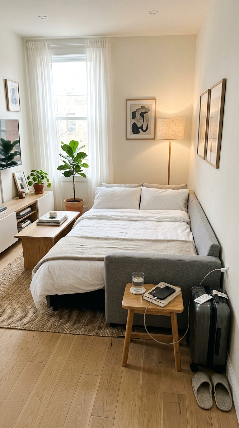 Small living room arranged for overnight guests without a guest room